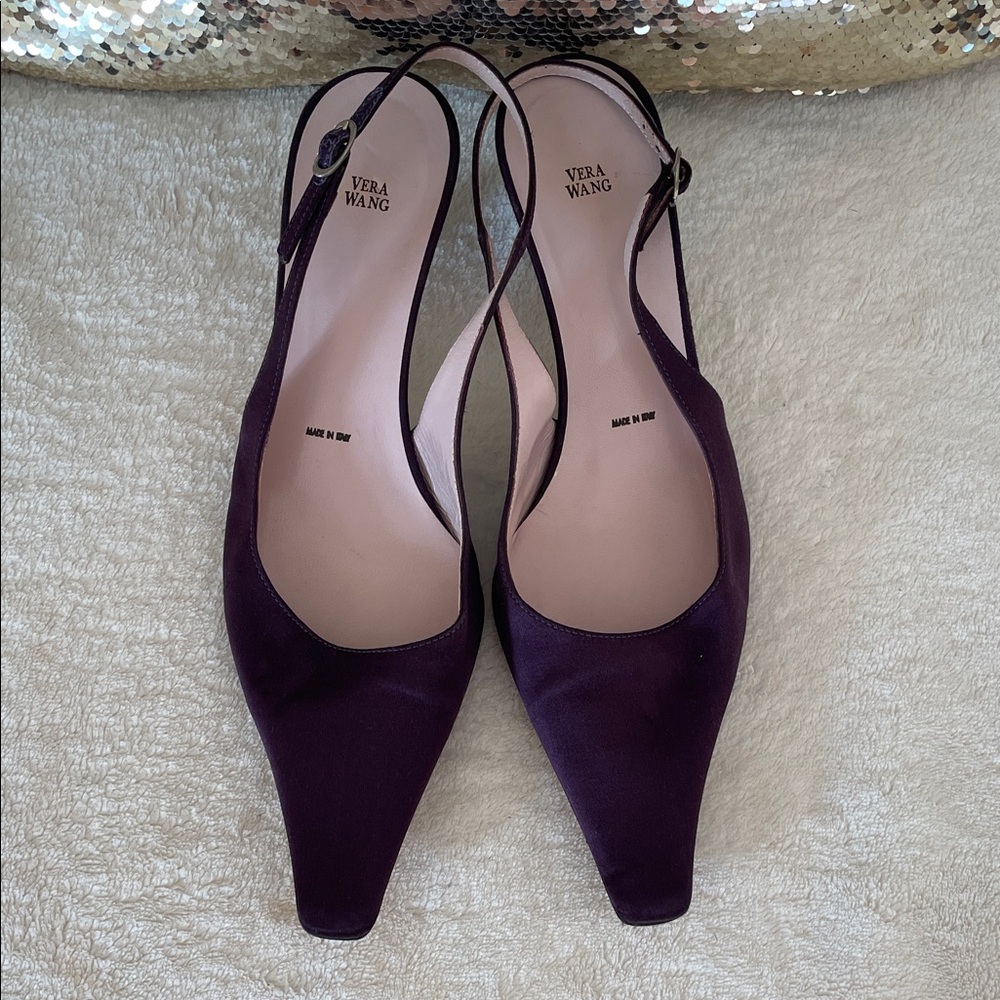 Vera Wang Italy Purple Satin Leather Slingback Heels Sz. 37 US 7